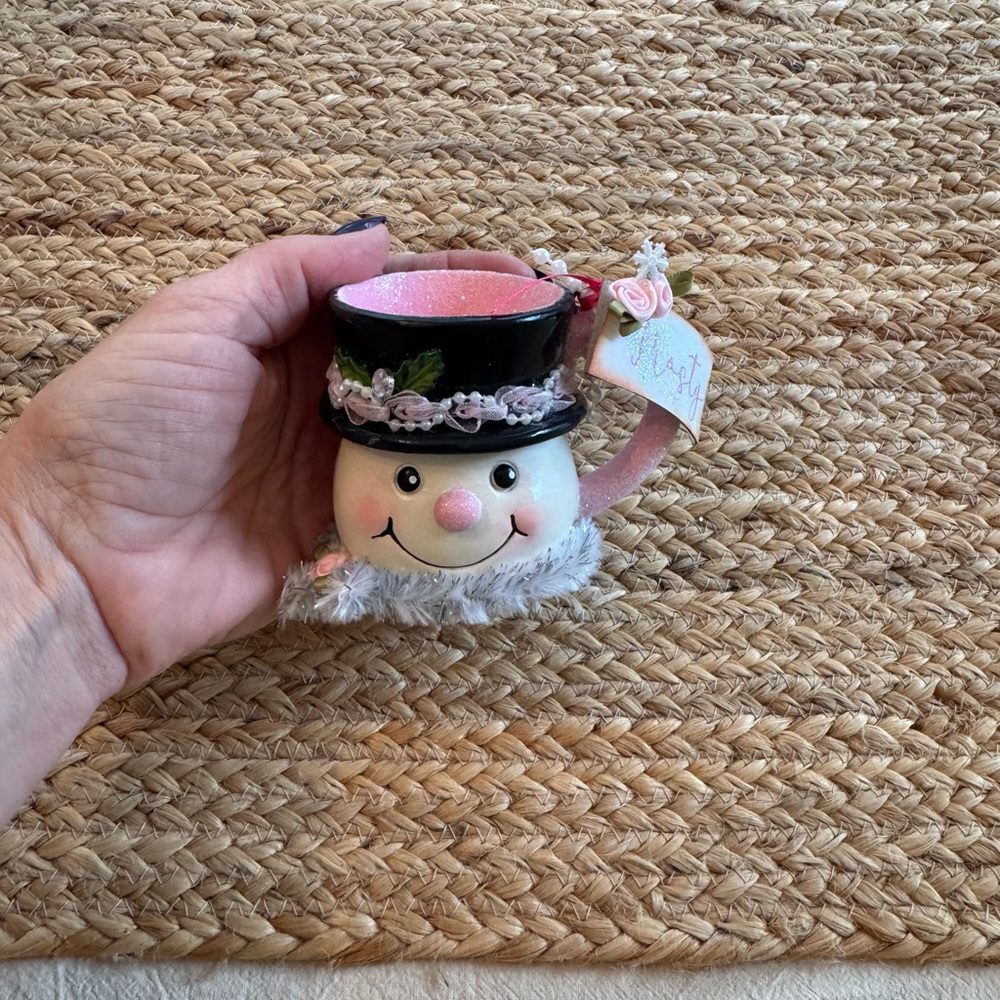 Festive Snowman Mug with Black Hat and Pink Accents